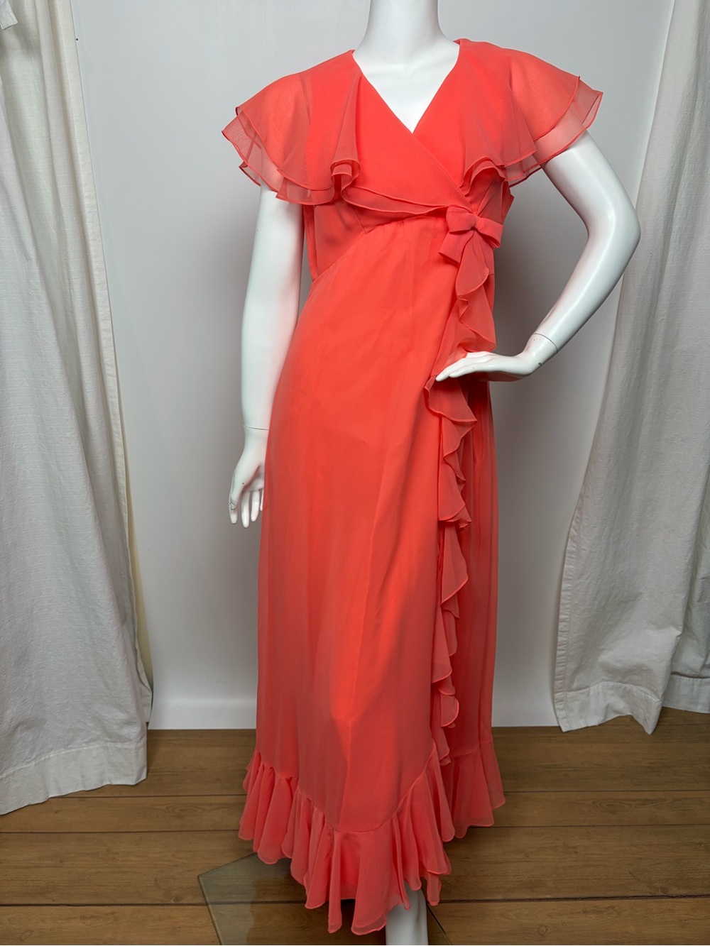 Vintage 1970s Coral Chiffon Maxi Dress Union Made Ruffle Flutter Sleeve